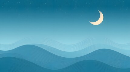 Fototapeta premium A serene night sky with a crescent moon above stylized blue ocean waves. This minimalist illustration is perfect for peaceful or nautical design themes.