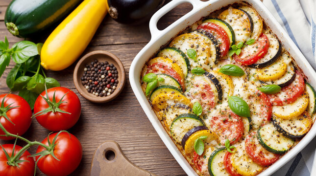 Baked Ratatouille Vegetable Tian with Sliced Zucchini, Yellow Squash, Eggplant, Tomatoes, and Fresh Basil in a White Casserole Dish
