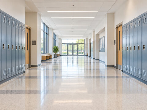 Modern empty school hallway with blue lockers classroom doors benches bright ceiling lights and polished floor leading toward glass exit doors in a clean orderly campus circulation corridor