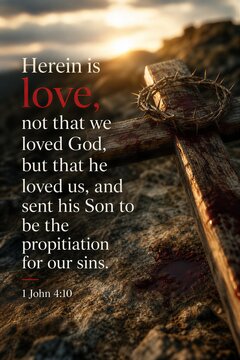 Bible Verse 1 John 4:10 on Divine Love and Propitiation, Artistically Displayed as a Poster with a High-Quality Symbolic Background.