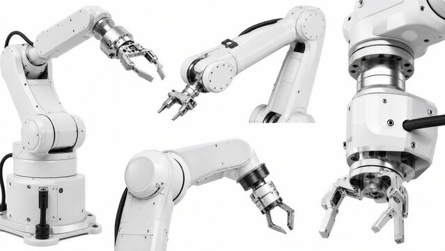 Collection of Industrial Robotic Arm Machines Isolated on White, Showcasing Automation and Precision Technology.