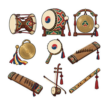 Korean Traditional Musical Instruments Vector Set