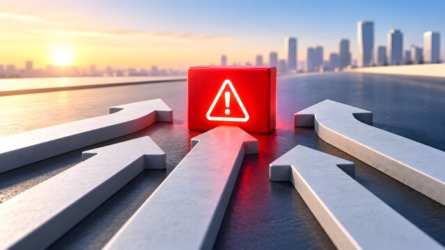 Multiple white arrows converging on a glowing red warning block with an exclamation mark against a city skyline, symbolizing concentrated risk, central hazard, or critical urban crisis.
