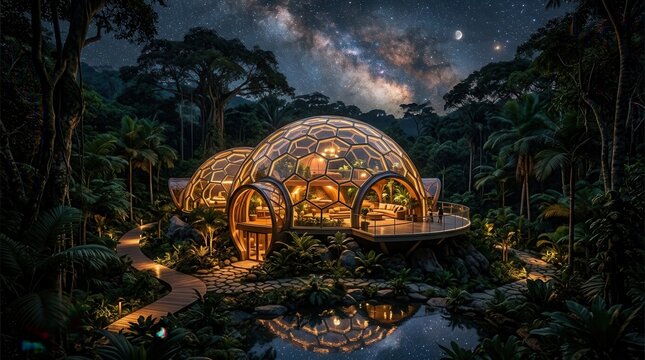 Futuristic Biodome Resort Nestled in Lush Rainforest at Night.