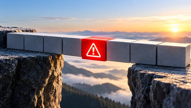 Concrete block bridge over a mountain chasm featuring a central glowing red warning block, symbolizing a critical weak link, vulnerability, and business hazard assessment.