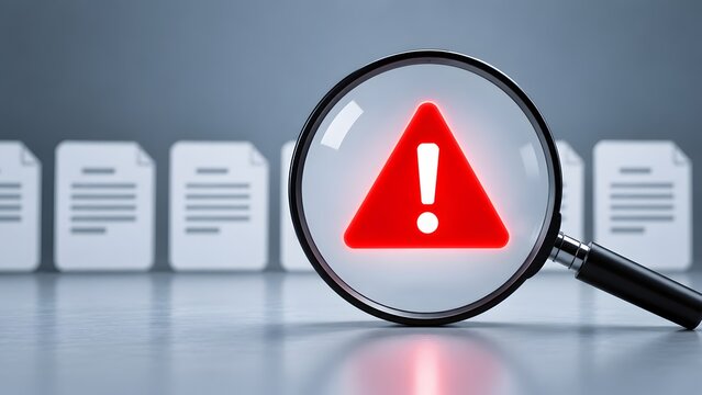 Magnifying glass revealing a glowing red warning sign among multiple paper documents, symbolizing error detection, legal auditing, risk assessment, and finding flaws in contracts.