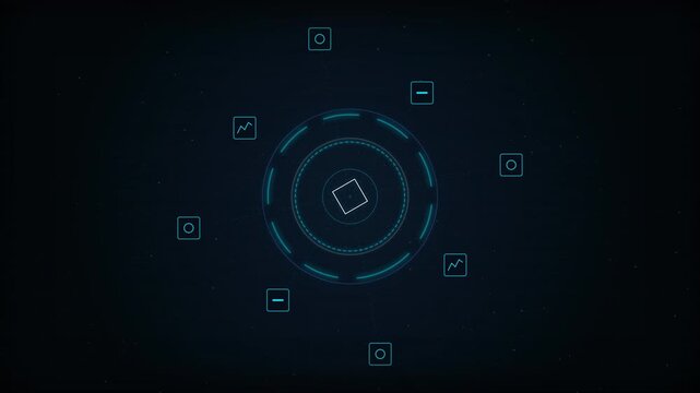 Futuristic digital interface with glowing circular nodes and financial analytics icons on dark background, concept for finance timeline and data visualization, ideal for corporate presentations and