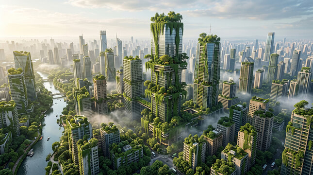 Aerial view of sustainable master urban planning with river winding through biophilic green city skyscrapers