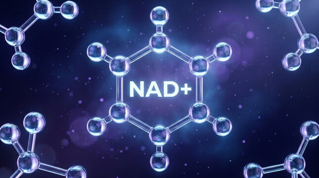 NAD plus coenzyme molecule highlighting cellular regeneration and longevity science on abstract purple background