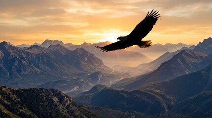 Naklejka premium Majestic Eagle Soaring Over Mountain Range at Sunset.