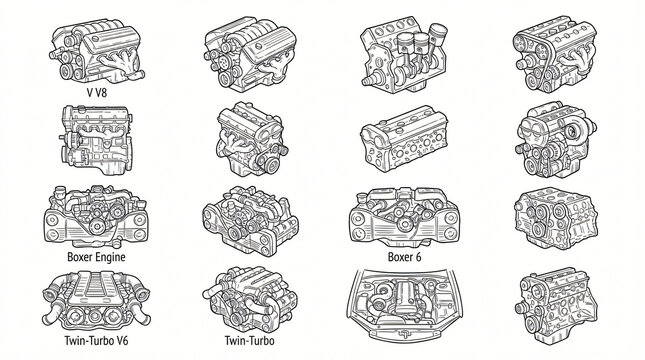 Car Internal Combustion Engine Line Art Doodle Illustration Set Hand Drawn V8 Motor Inline Four Cylinder Twin Turbo Boxer Assembly Black Contour Pristine White Background Completely Textless
