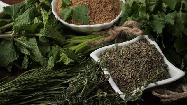Fresh herbs and spices assortment dolly shot