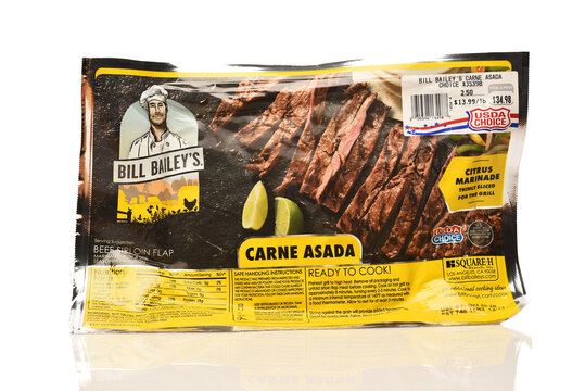 IRVINE, CALIFORNIA - 7 SEPT 2026: A package of Bill Baileys Carne Asada, Beef Sirloin Flap marinated and ready to cook.