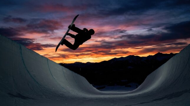 Snowboarder performing a trick against a vibrant sunset sky.