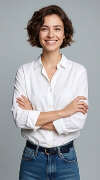 Young woman smiles, arms crossed, wearing white shirt and denim jeans. She looks confident and happy against a neutral grey backdrop. Her pose suggests approachability and pro calm.