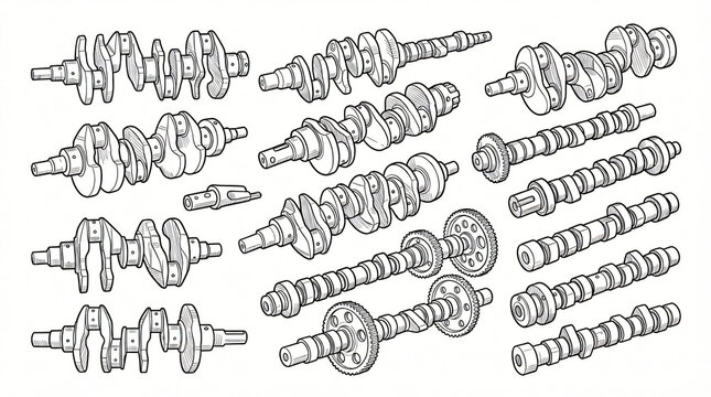 Car Engine Crankshaft Camshaft Line Art Doodle Illustration Bundle Hand Drawn Overhead Cam Lobe Counterweight Bearing Contour White Background Completely Textless Zero Lettering Words