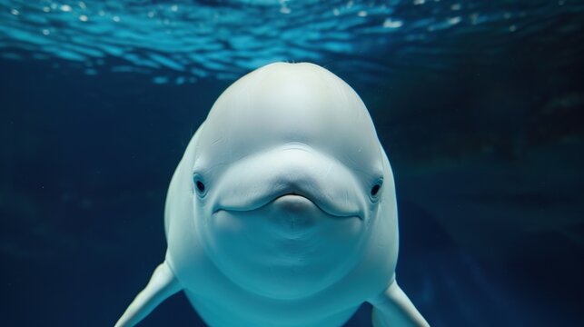 Playful white beluga whale glides toward the camera in crystal blue sunlit water