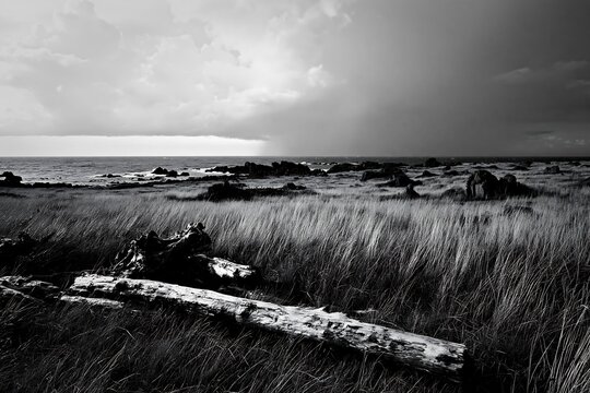 Ishikawa coastal meadow with storm washed driftwood