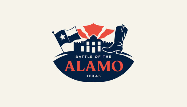 Battle of the Alamo Texas logo, Texas flag, Alamo monument