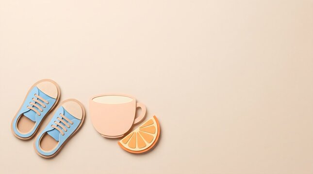 Minimalist paper craft icons, blue shoes and coffee cup, flat lay art