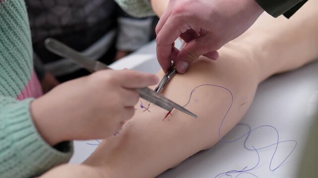 Close up of hands practicing stitching on flesh toned mannequin leg with forceps, scissors, marker lines, and sewn incision in indoor clinical classroom, soft diffused light, blurred background