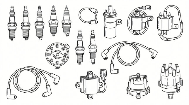 Car Engine Spark Plug Ignition Coil Line Art Doodle Element Set Hand Drawn Ceramic Plug Voltage Coil Distributor Cap Wire Contour Black White Isolated White Background Completely Textless