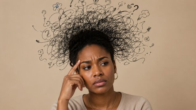 Worried African American woman touching her temple with tangled thoughts surrounding her head. Mental health, stress, anxiety, confusion, and emotional overload concept