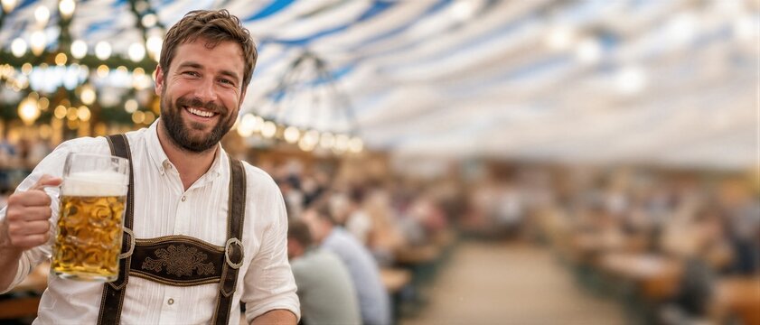 Happy man in traditional bavarian lederhosen holding beer mug at oktoberfest celebration. Smiling caucasian guy toasting with lager in festival beer tent. Banner with copy space