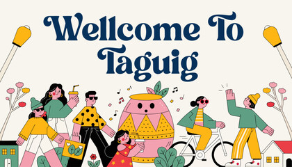 Fototapeta premium Welcome to Taguig, colorful illustration of people and city