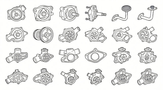 Car Engine Oil Water Pump Line Art Doodle Graphic Pack Mechanical Oil Pump Cooling Water Impeller Thermostat Housing Contour Hand Drawn Line Isolated White Background Completely Textless Stock