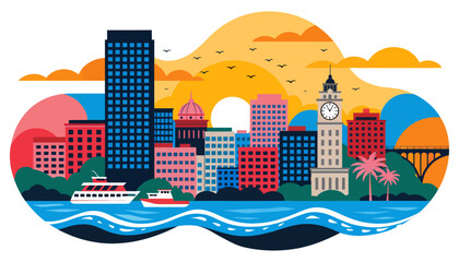 Obraz premium colorful city skyline with clock tower and boat