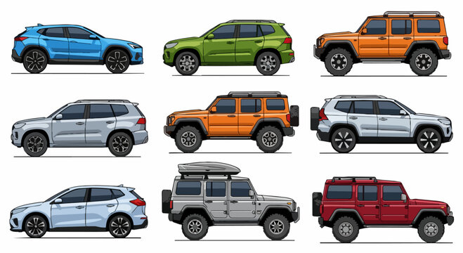 A collection of various colorful sport utility vehicles is displayed in a grid layout against a clean white background.