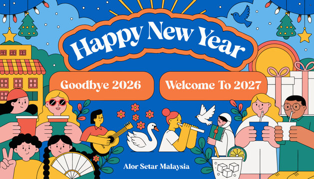 Happy New Year celebration with diverse people and festive decorations