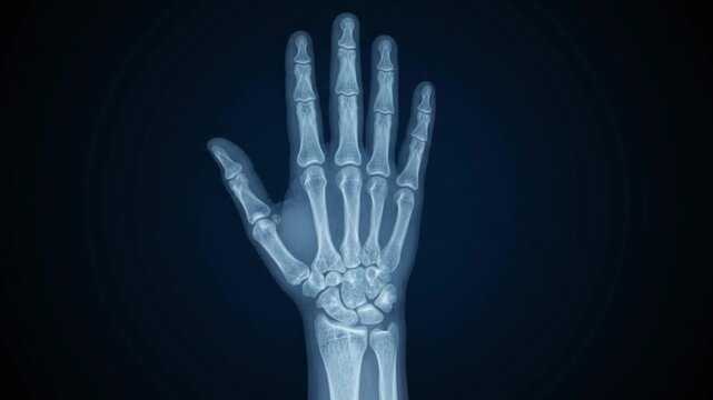 X ray of a human hand showing bones and joints against a dark blue background medical imaging