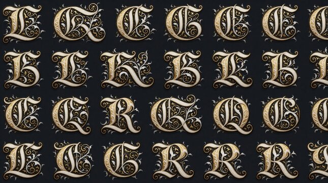 Decorative initial letters feature interlaced white vine work and gold calligraphy elements across a grid layout. These emblems suggest classic renaissance style design or fancy book art.