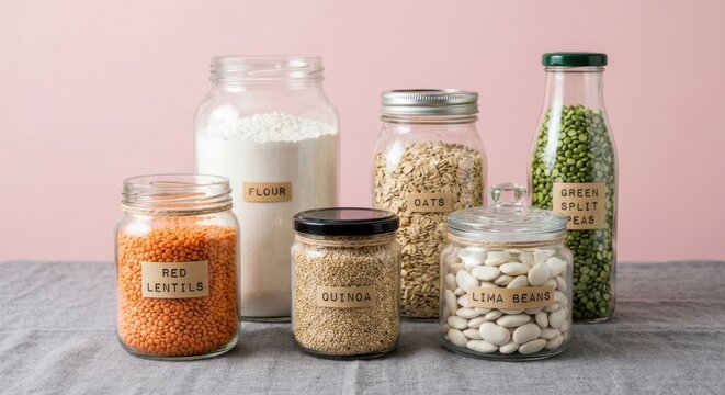 Assorted glass jars containing various dry pantry staples including lentils, quinoa, oats, and flour with labels on a grey cloth and pink background for kitchen organization and zero waste.