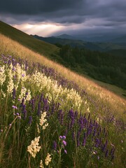 Obraz premium Transylvania summer meadows with wildflowers and cloudy sky
