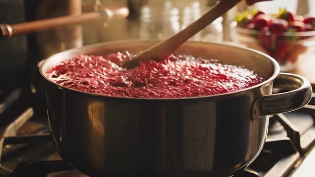 Large pot of red sauce simmers on stove during cooking process, with steam rising and wooden spoon stirring. Warm kitchen light highlights bubbling sauce in stainless steel pot during preparation.