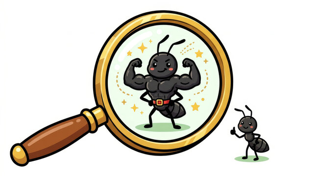 Strong cartoon ant under magnifying glass with flexed muscles  