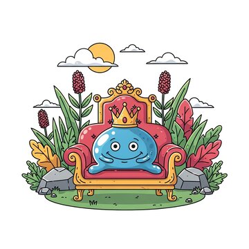 Cute Blue Slime King Sitting on a Royal Throne Surrounded by Lush Greenery.