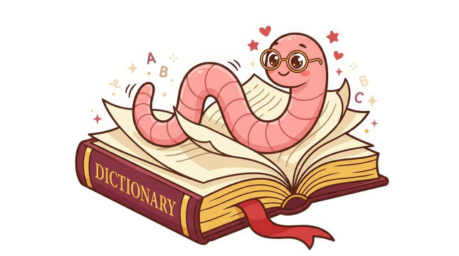 Cartoon worm wearing glasses on an open dictionary book  