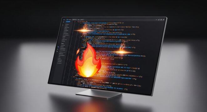 Computer monitor displaying lines of code with a central fire emoji, symbolizing fast programming or burning issues.