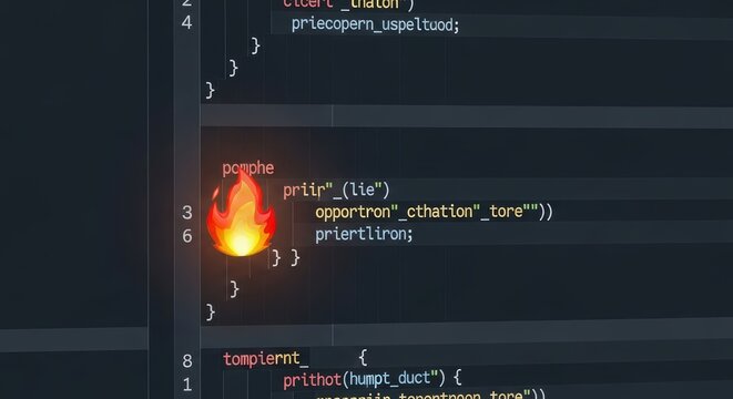 Computer screen displaying programming code with a flame icon representing a hotfix or high performance.