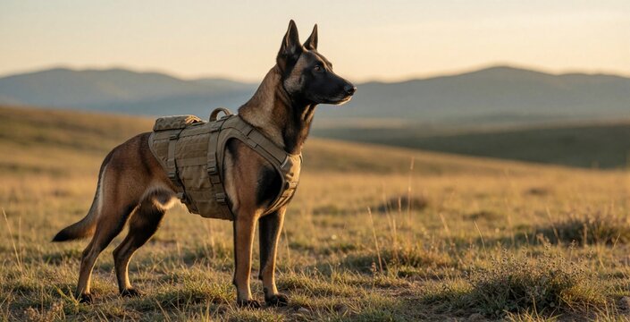 Military working dog stands alert in vast grassy field. Belgian Malinois wears tactical harness during sunset in open meadow. Brave canine guard looks ahead with focus in wild landscape. Trained