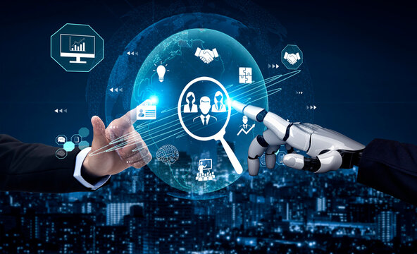 Hands of Human and Robot Reaching Toward Future Technology with Global Connection in Digital Business Illustration Fluxor.