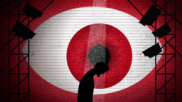 giant eye on dystopian screen watching a person through surveillance cameras