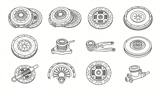Car Manual Transmission Clutch Assembly Line Art Doodle Illustration Bundle Hand Drawn Pressure Plate Friction Disc Release Bearing Flywheel Cylinder Contour White Background Textless