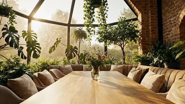 Bright Indoor Conservatory Dining Area Surrounded by Lush Tropical Plants and Natural Light