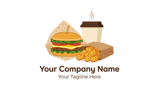 Fast Food Logo: Burger, Nuggets, Coffee Cup, Company Name & Tagline Mockup
