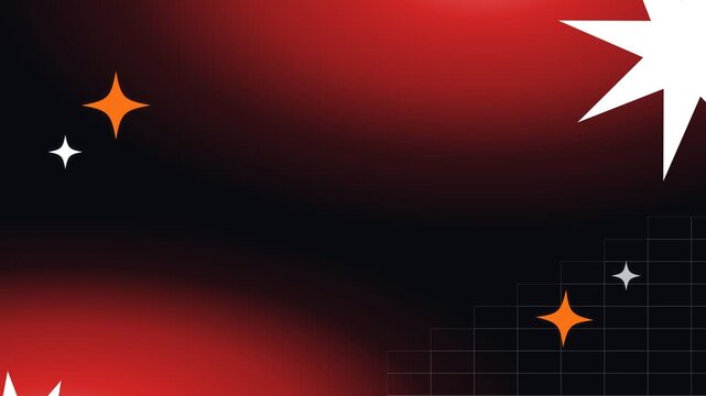 An abstract graphic composition with red and black gradients, featuring two small four-pointed stars and a large white multi-pointed star, plus a grid pattern.